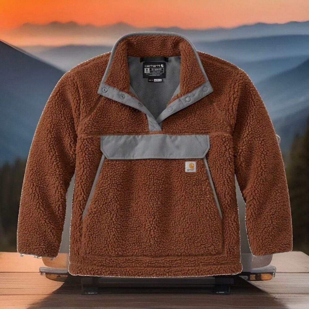 Carhartt Sweater Women Large Orange Deep Pile Fleece Pullover Snap Anorak Rust